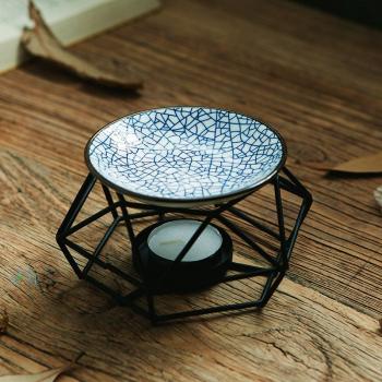 Bộ đèn đốt tinh dầu nến- khung sắt đen-đĩa men xanh
