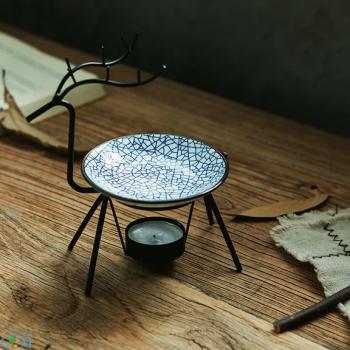 Bộ đèn đốt tinh dầu hươu trắng- đĩa men xanh