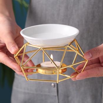Đèn xông đốt tinh dầu khung sắt mạ vàng hình kim cương- đĩa trắng 50ml