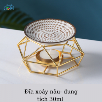 Đèn xông đốt tinh dâu khung sắt hình kim cương sơn mạ vàng- đĩa xoáy nâu tròn 60ml